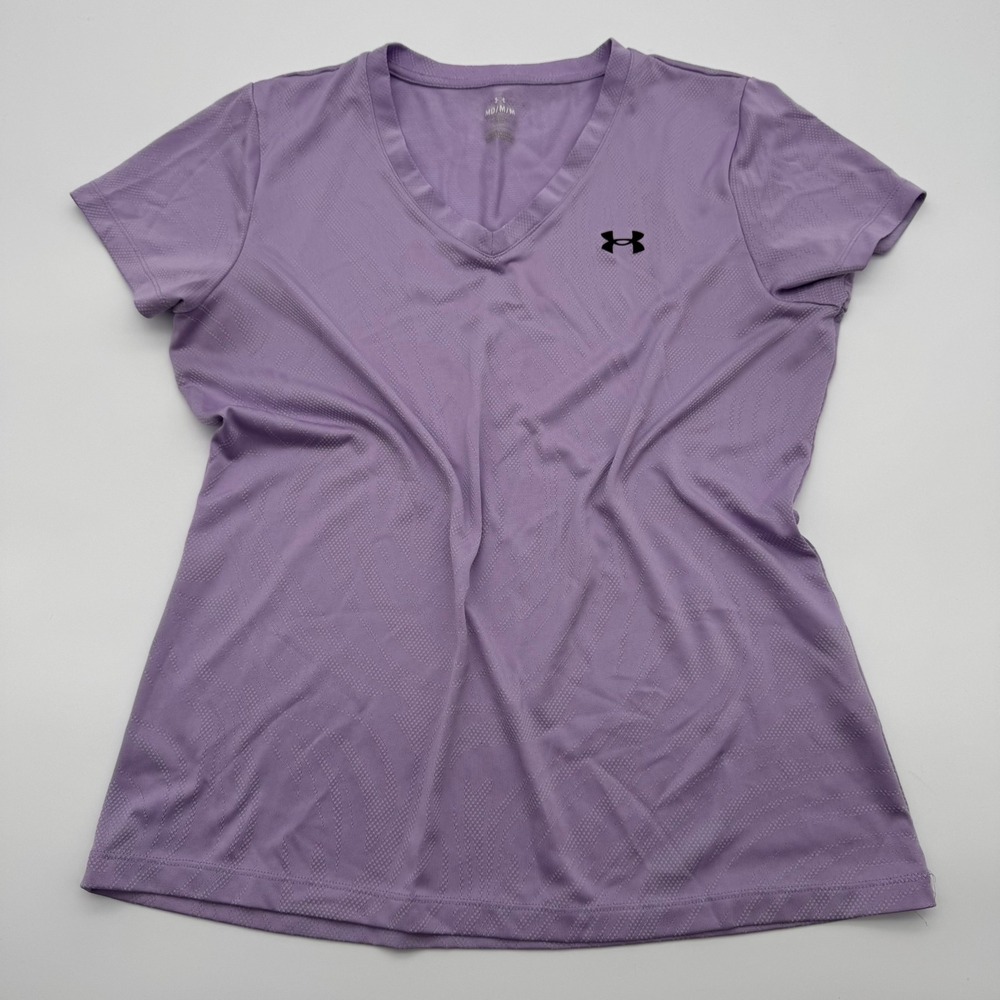 Under Armour Womens V-Neck Short Sleeve Athletic Shirt Purple Jacquard Size M
